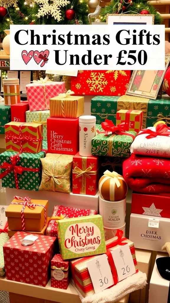 A collection of affordable Christmas gifts under £50, beautifully wrapped and decorated for the holiday season.